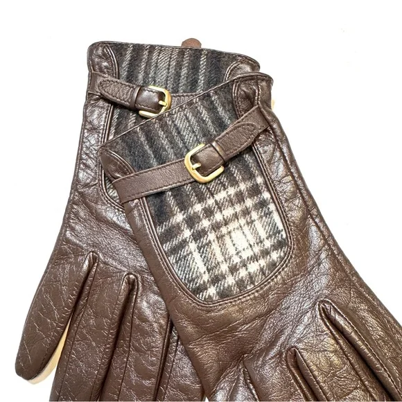 Vintage Merona Brown Leather Gloves with Tartan Plaid Fleece Detail Small Medium - Picture 4 of 7